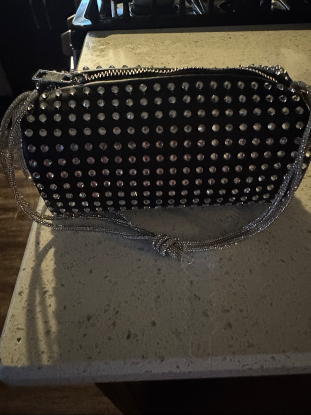Black Studded Crossbody Bag with Silver Chain Strap